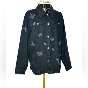 The Quacker Factory Black Denim Jacket with Rhinestone Butterflies, Medium